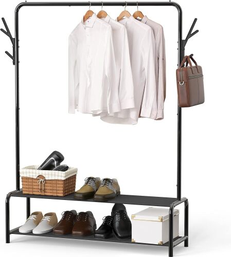 Simple Houseware Garment Rack with Storage Shelves and Coat/Hat Hanging Hooks - Lot 2652