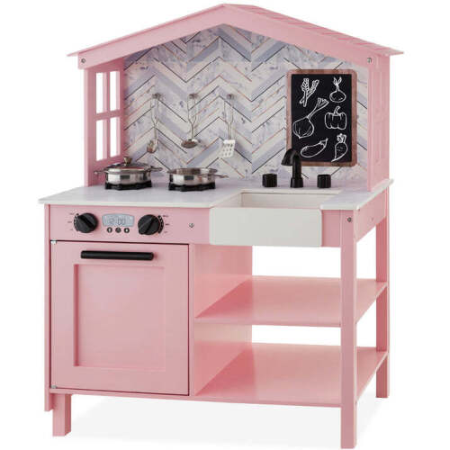 Kids Farmhouse Play Kitchen w/ Chalkboard, Storage Shelves, 5 Accessories - Lot 2781