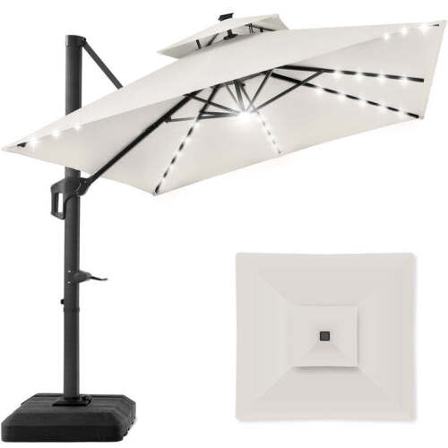 2-Tier Square LED Cantilever Offset Umbrella w/ 360 Rotation, Base - 10x10ft - Lot 2810