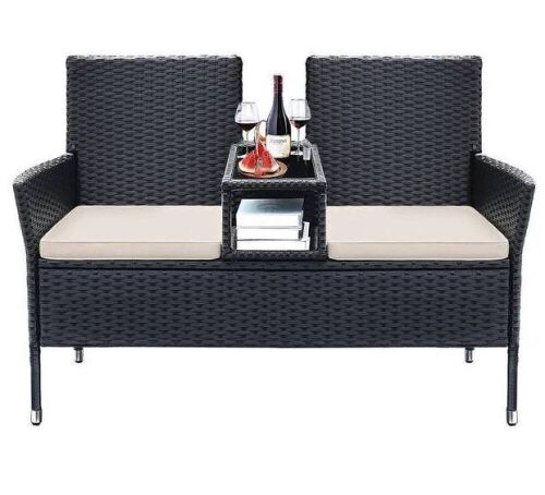 Modern Black 2-Person Rattan Wicker Patio Outdoor Loveseat with Beige Cushions  - Lot 101