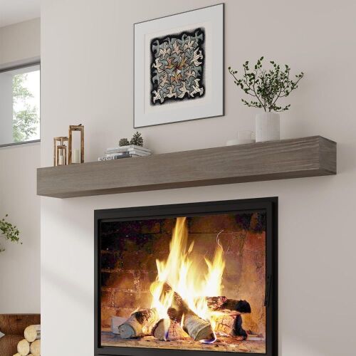 60 Inch Floating Wood Fireplace Mantel, Grey - Small Dent on Bottom Side - Lot 366