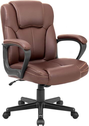 Executive Office Chair Swivel Task Seat with Ergonomic Mid-Back, Waist Support, PU Leather, 18D x 19W x 41H in, Brown - Lot 373