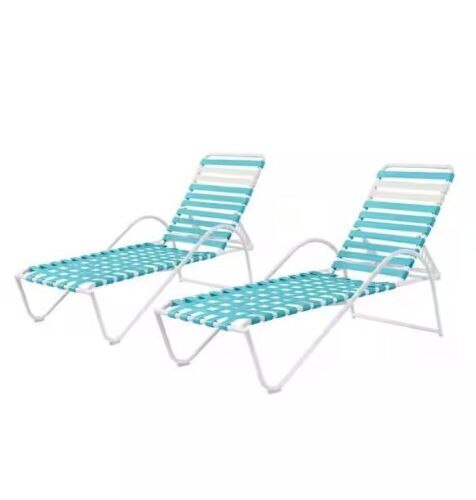 Hampton Bay Melrose Park Blue Adjustable Outdoor Strap Chaise Lounge with Aluminum Frame, 2 Pack   - Lot 33