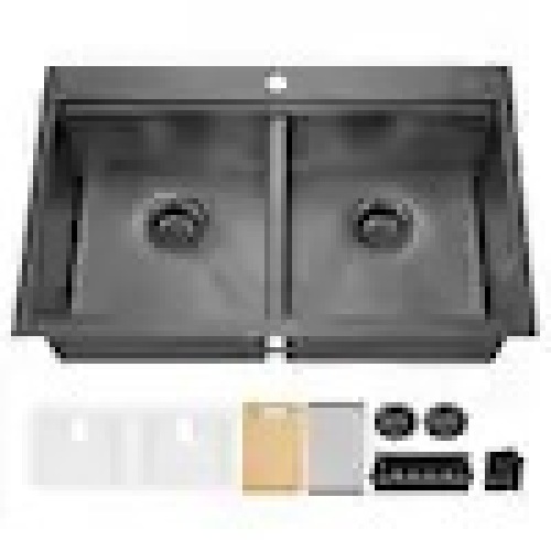 33 in. Drop-In Double Bowl 18 Gauge Gunmetal Black Stainless Steel Workstation Kitchen Sink  - Lot 127