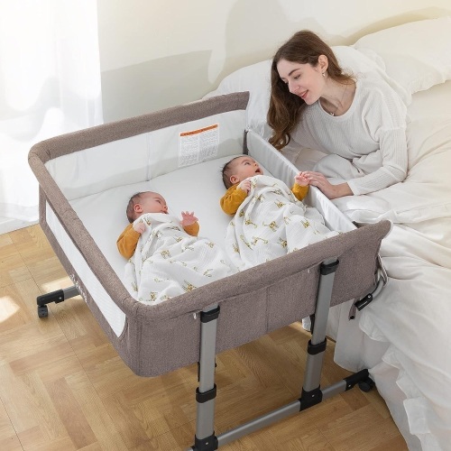 Ihoming Twin Bassinets for Baby, Double Bassinet Bedside Sleeper for Twins, Double Bassinets Sleeper for 2 Babies, Infant Co Sleeper Bedside Crib Attaches to Bed, Khaki  - Lot 42