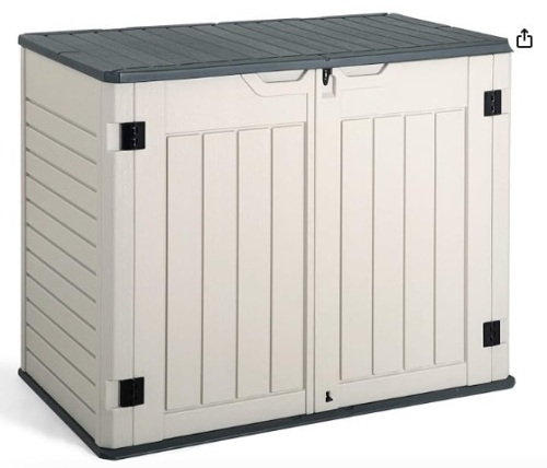 Jummico Horizontal Outdoor Resin Storage Shed 27 Cu. Ft. Garden Storage Extra Large Capacity Weather Resistant Storage Box for Bike, Garbage Cans, Lawnmowe, Garden Accessories - Lot 21