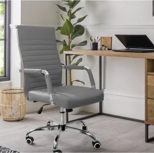 LACOOGray Ribbed Office Mid-Back PU Leather Executive Task Chair with Arms - Lot 377