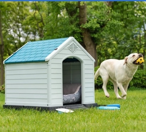 Homall Dog Kennel Plastic Dog House Indoor Outdoor for Large Dogs, 27.6 inch All Weather Doghouse Puppy Shelter with Air Vents, Elevated Floor Ventilate, Blue - Lot 378