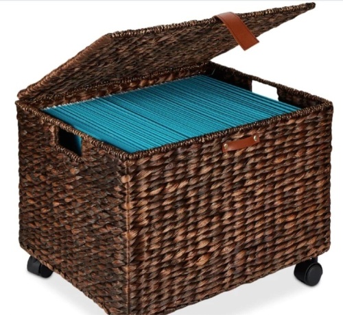 Mobile Water Hyacinth Rolling Filing Cabinet Storage Basket w/ Lid, Wheels - Lot 257