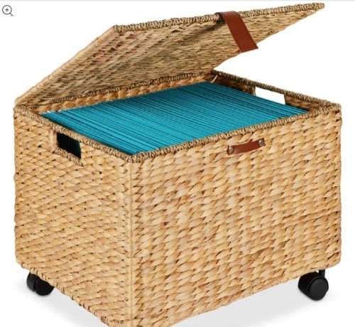 Mobile Water Hyacinth Rolling Filing Cabinet Storage Basket w/ Lid, Wheels - Lot 258