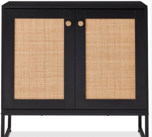 2-Door Rattan Storage Cabinet Accent Furniture for Living Room w/ Foot Pads missing hardware - Lot 261