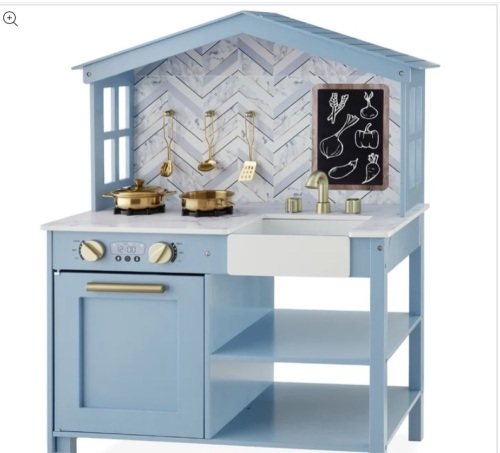 Kids Farmhouse Play Kitchen w/ Chalkboard, Storage Shelves, 5 Accessories - Lot 262