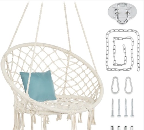 Cotton Macrame Hammock Hanging Chair Swing, Handwoven w/ Backrest - Lot 263