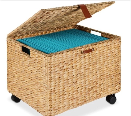Mobile Water Hyacinth Rolling Filing Cabinet Storage Basket w/ Lid, Wheels - Lot 282