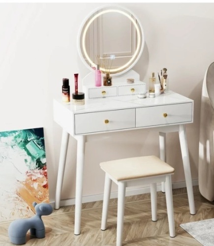 Furmax Vanity Table with Lighted Mirror, Vanity Desk with Stool, Dressing Table with 4 Drawers, Makeup Vanity Set, White Finish, for Bedroom - Lot 441