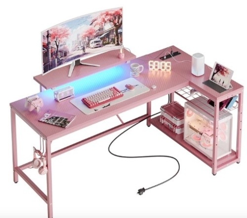 L Shaped Gaming Desk with Power Outlets,58 LED Small Corner Desk with Reversible Storage Shelves,Pink Computer Desk with Headset Hooks Desk for Living Room and Dormitory - Lot 23