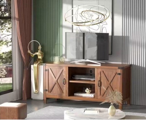 58 in. Farmhouse Walnut TV Stand Fits TV's up to 65 in. with Cabinets and Adjustable Shelves - Lot 26