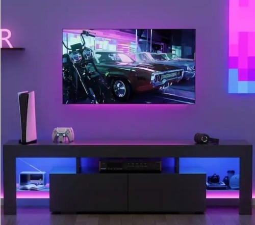 62 in. Cyber Vibe Black TV Stand Fits TV's up to 70 in. Multicolor Bulid-In LED With Glass Shelves - Lot 448