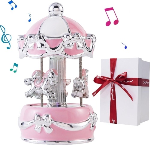 Carousel Music Box Gift Wrapped Ceramic Musical Carousel Color-Changing Lights Music Boxes for Girls Boys Kids Daughter Son Granddaughter Wife Mom Women Birthday Christmas (Pink Butterfly) - Lot 2728