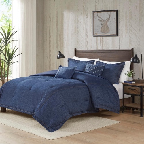Woolrich Rustic Lodge Cabin Comforter Set - All Season Down Alternative Warm Bedding Layer and Matching Shams, Oversized Queen, Perry, Denim Blue - Lot 2730