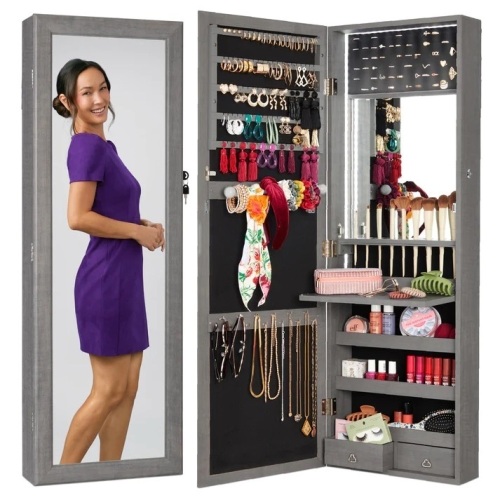 Door/Wall Mount Mirror Jewelry Cabinet Armoire w/ Inside Mirror, LED Lights - Lot 3111