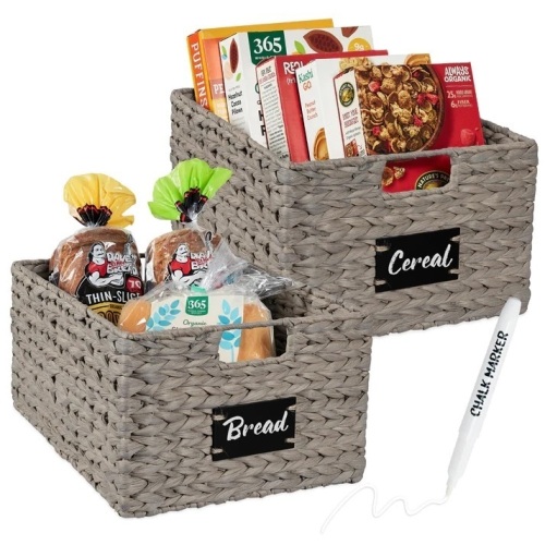 Set of 2 Water Hyacinth Pantry Baskets w/ Chalkboard, Marker - 16in - Lot 3159