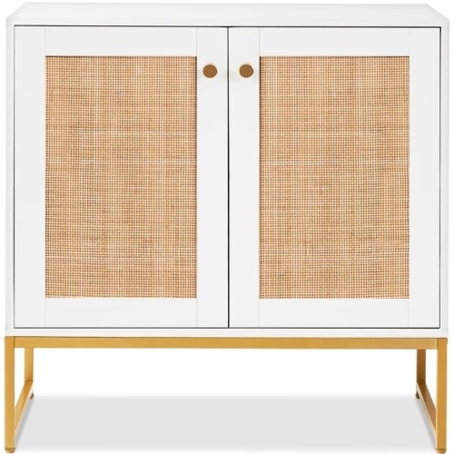 2-Door Rattan Storage Cabinet Accent Furniture for Living Room w/ Foot Pads - Lot 3169