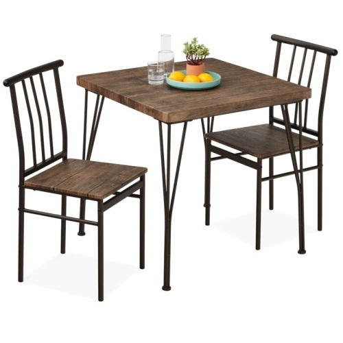 3-Piece Metal Wood Square Dining Table Furniture Set w/ 2 Chairs - Lot 3251