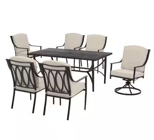 Hampton Bay Tully Park 7-Piece Metal Rectangle Outdoor Dining Set with CushionGuard Putty Tan Cushions  - Lot 15