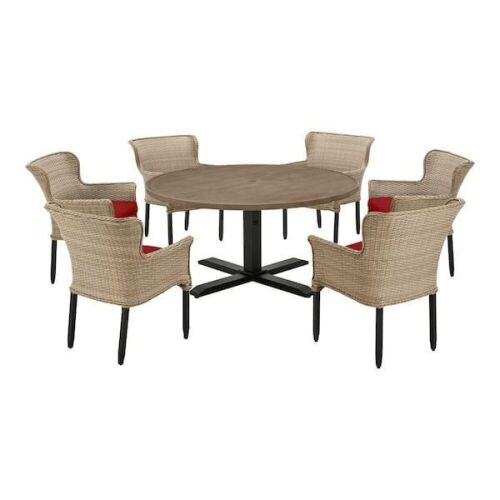 Hampton Bay Devonwood Steel Wicker Outdoor Dining Chair Light Yarn with CushionGuard White Cushions, Set of 6 - Stock Photo Shows Wrong Color Cushions - Lot 17