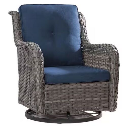 Wicker Outdoor Patio Swivel Rocking Chair with Blue Cushions - Lot 20