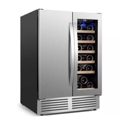 Nipus 24 in. Dual Zone 18 Wine Bottles and 57 Cans Beverage & Wine Cooler in Silver Built in and Freestanding Blue LEDs  - Lot 23