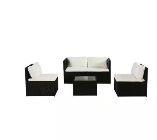 Black Wicker Patio Conversation Outdoor Seating Group with White Cushions - No Glass Table Top   - Lot 28