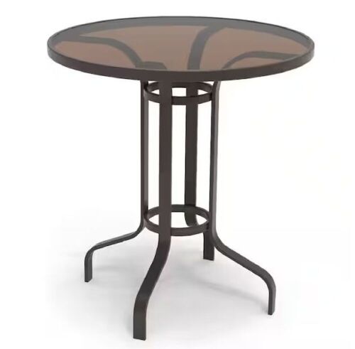 Hampton Bay Riverbrook Espresso Brown Round Glass Top Aluminum Outdoor Balcony Bistro Table  - Lot 228