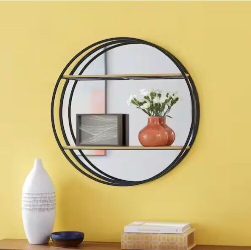 Round Wood Black Metal Wall-Mount Bookshelf with Mirror  - Lot 434