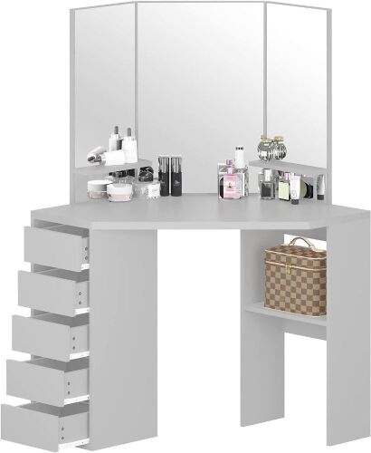 Corner Makeup Vanity Desk with Mirror, 5 Sliding Drawers & Storage Shelves - Lot 59