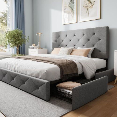 Upholstered Full Size Platform Bed Frame with 4 Storage Drawers - Lot 83