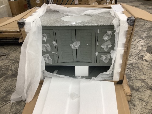 Home Decorators Collection Hamilton 43 in. W x 22 in. D x 35 in. H Single Sink Freestanding Bath Vanity in Gray with Gray Granite Top. Cracked Top and Damaged Cabinet Door - Lot 105
