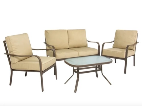 4-Piece Cushioned Patio Furniture Conversation Set w/ Loveseat, 2 Chairs, Coffee Table - Beige - Lot 30