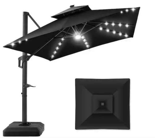 2-Tier Square LED Cantilever Offset Umbrella w/ 360 Rotation, Base - 10x10ft - Lot 31