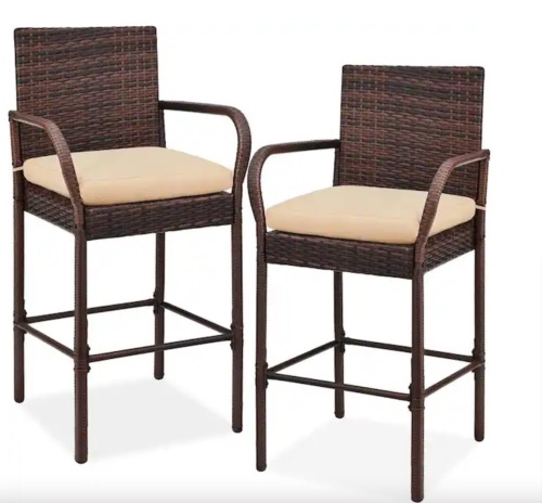 Set of 2 Indoor Outdoor Wicker Bar Stools w/ Cushion, Footrests, Armrests - Lot 73