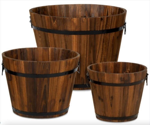 Set of 3 Rustic Wood Bucket Barrel Garden Planters Set w/ Drainage Holes - Lot 144