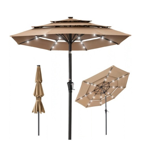 3-Tier Solar Patio Umbrella w/ LED Lights, Tilt Adjustment, Crank - 10ft - Lot 292