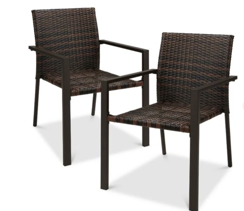 Set of 2 Stackable Wicker Chairs w/ Armrests, Steel - Brown - Lot 202