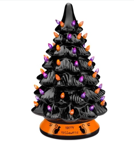 Ceramic Halloween Tabletop Tree w/ Orange & Purple Bulb Lights - 15in - Lot 181