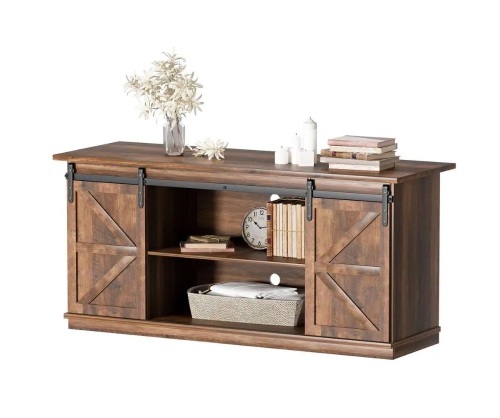 58 in. Rustic Oak Composite TV Stand Living Room Hub Fits TV's up to 65 in. w/ Sliding Barn Door and Adjustable Cabinets - Lot 170
