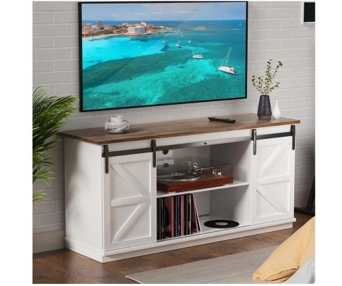 58 in. Rustic Oak Composite TV Stand Living Room Hub Fits TV's up to 65 in. w/ Sliding Barn Door and Adjustable Cabinets - Lot 180