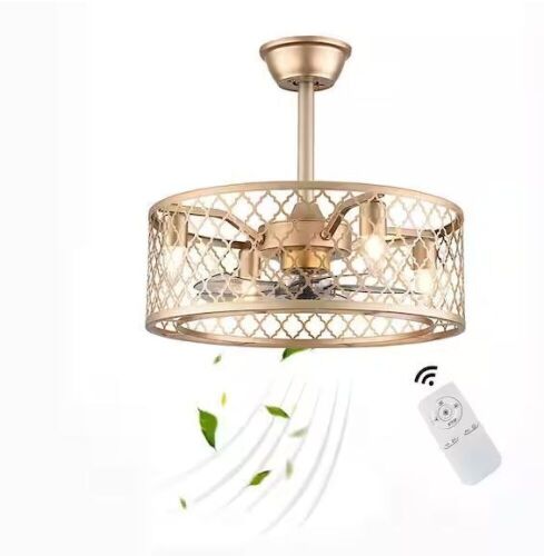 20 in. Gold Indoor Metal Caged Semi Flush Mount Ceiling Fan with Light Kit and Remote Control - Lot 350