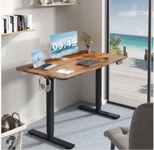 Large Standing Height Adjustable Electric Desk, Standing Desk for Home Office, Preset Heights, Metal T-Shaped Stand, Brown - Lot 153