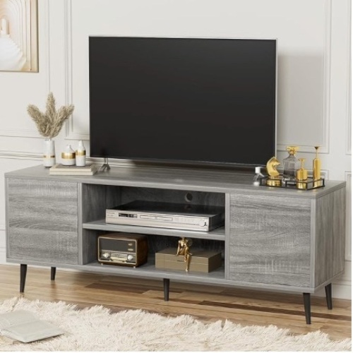 TV Stand for 65" Television, Entertainment Center with Two Storage Cabinets, Retro Style Media Console for Living Room, Bedroom, Office, 58 Inch, Light Gray - Lot 154